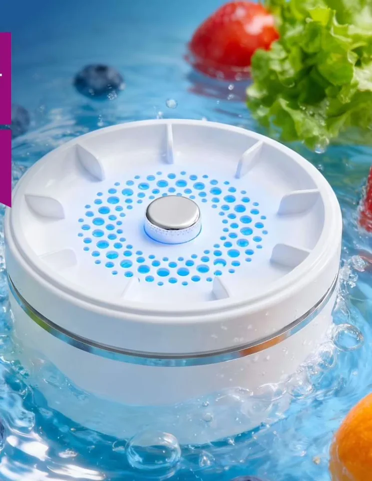 PuriEasy under clear water in a bowl of fruit and lettuce leaves