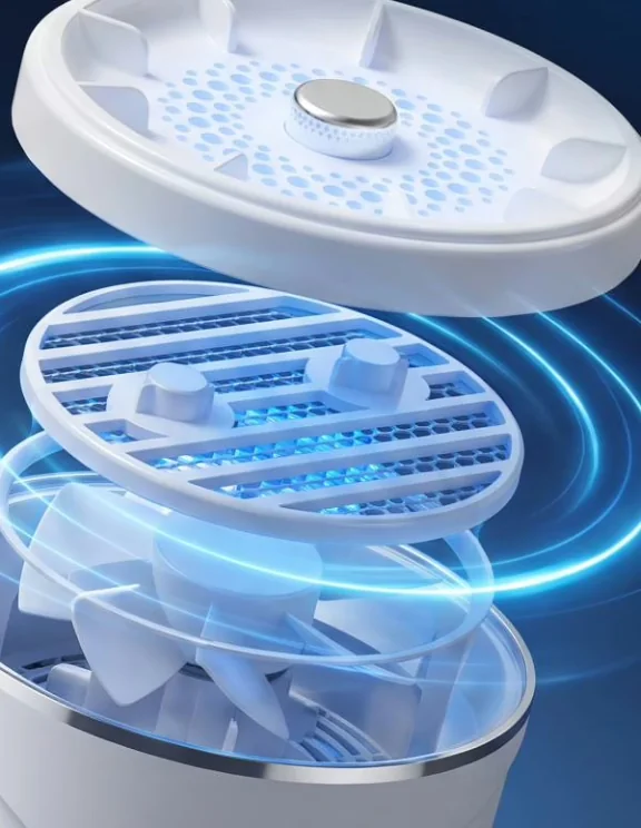 Exploded view of the PuriEasy washer showing the perforated cap raised above its sealed base