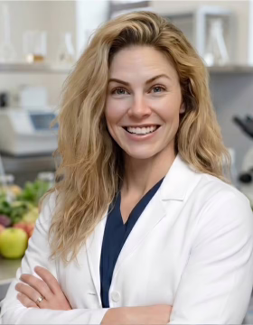Claire Whitfield, food science consultant, in a white lab coat