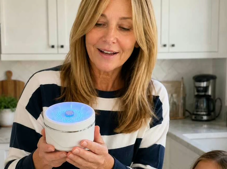 Woman in her kitchen holding a bowl with PuriEasy running inside