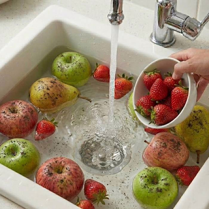 Apples, pears and strawberries in a sink filling with cold running water