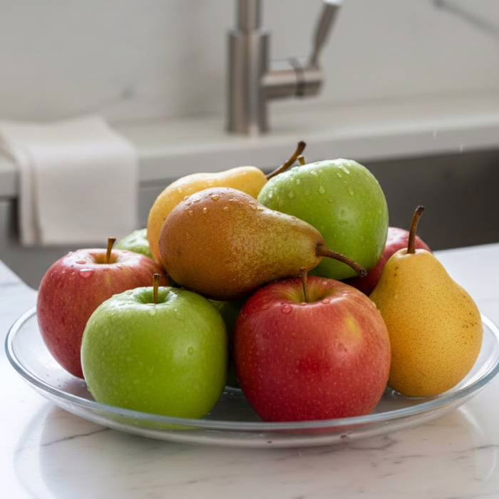 Freshly washed apples and pears in a glass bowl on a bright kitchen counter